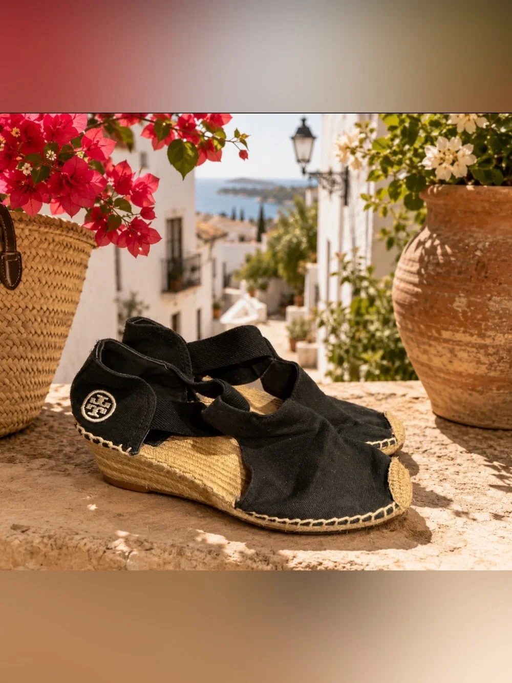 Tory Burch Black canvas Espadrilles wedge sandal size 7.5